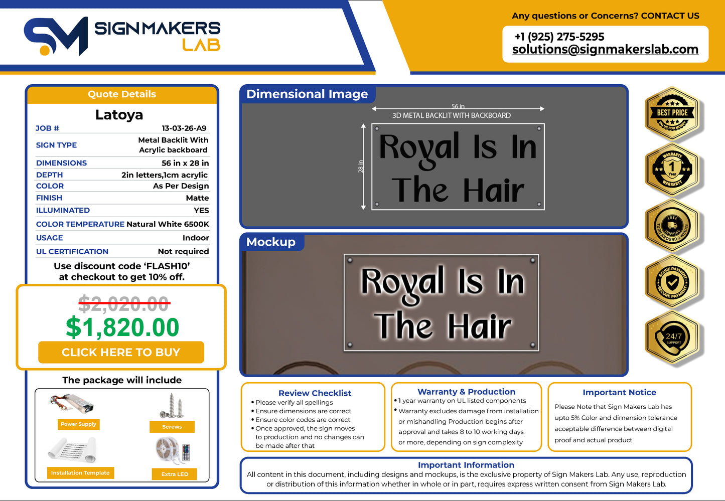Royal is in the hair 3D Metal Back-Lit with backboard