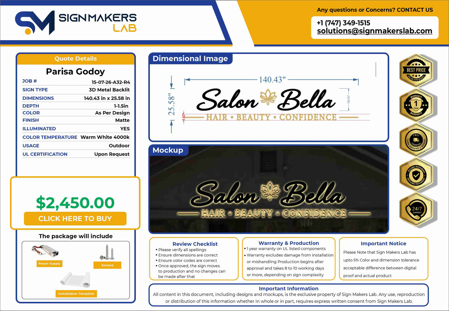 Salon Bella 3D Metal Backlit Sign