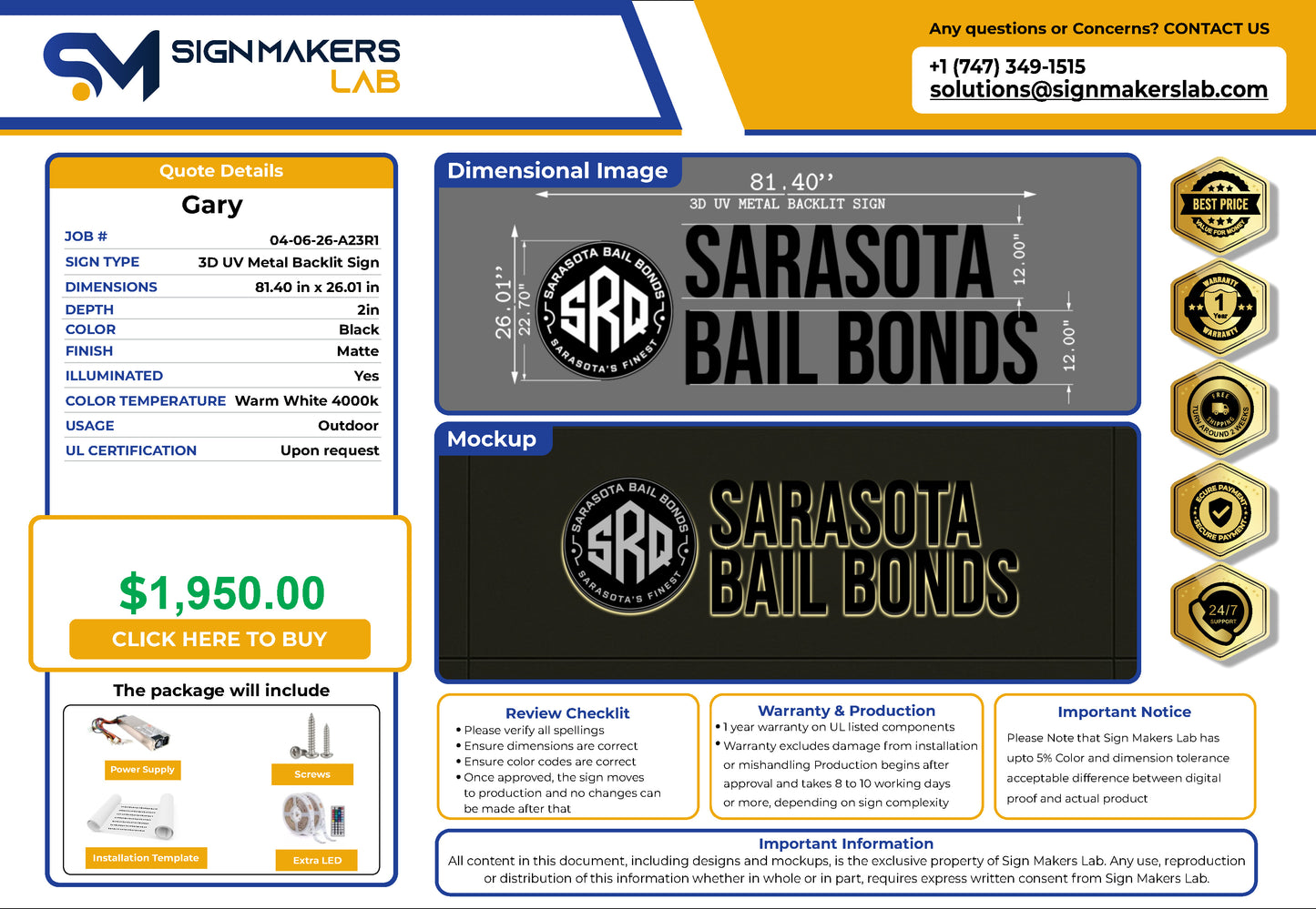 3D Metal Backlit Sign SARASOTA BAIL BONDS