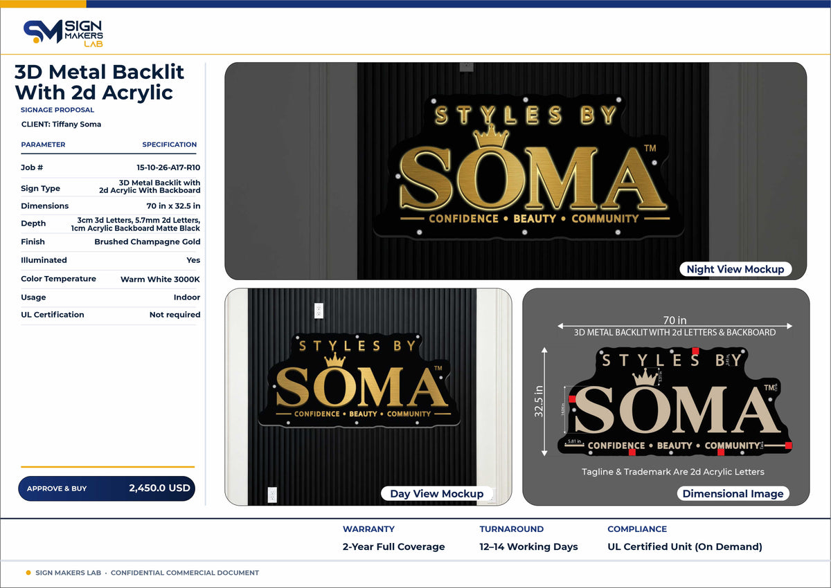 Styles by SOMA 3D metal backlit sign with backboard