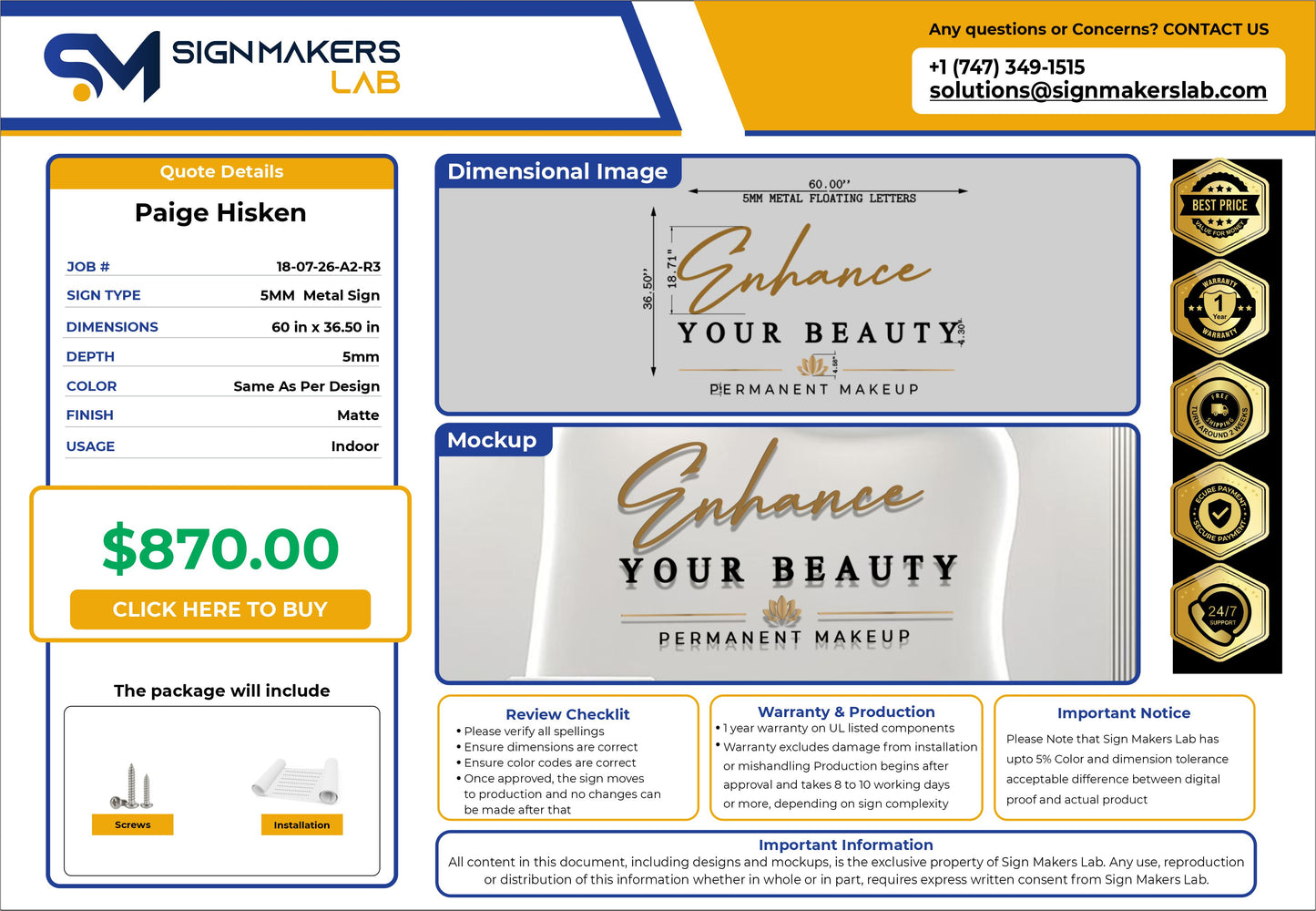 Enhance Your Beauty Metal Floating Letters