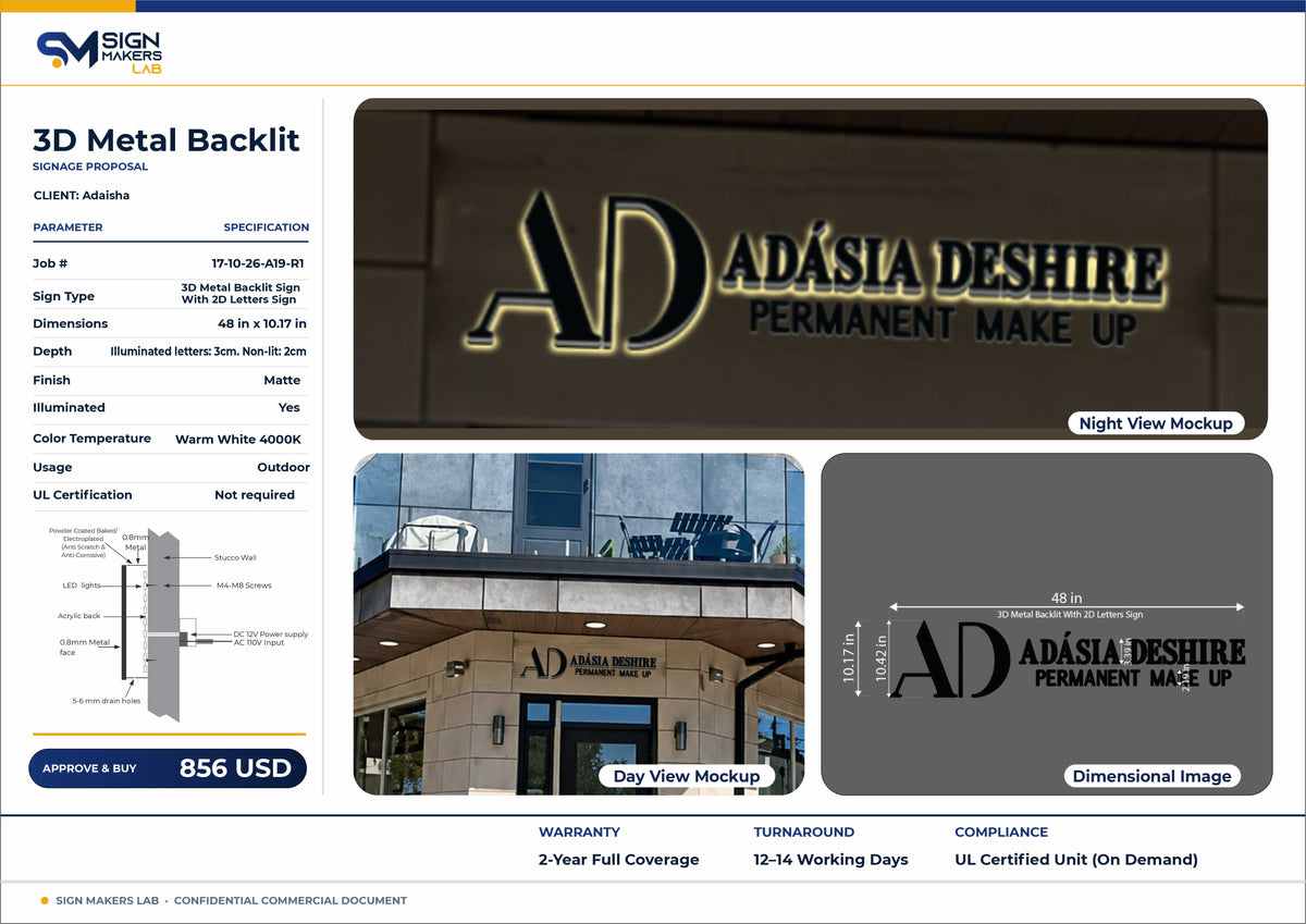 Adasia DESHIRE PMU Metal Backlit Sign