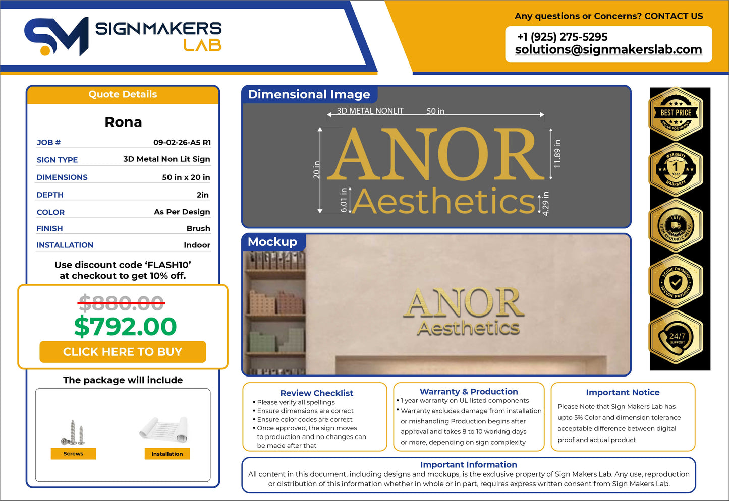 ANOR Aesthetics 3D Metal Non-lit Sign Signmakerslab