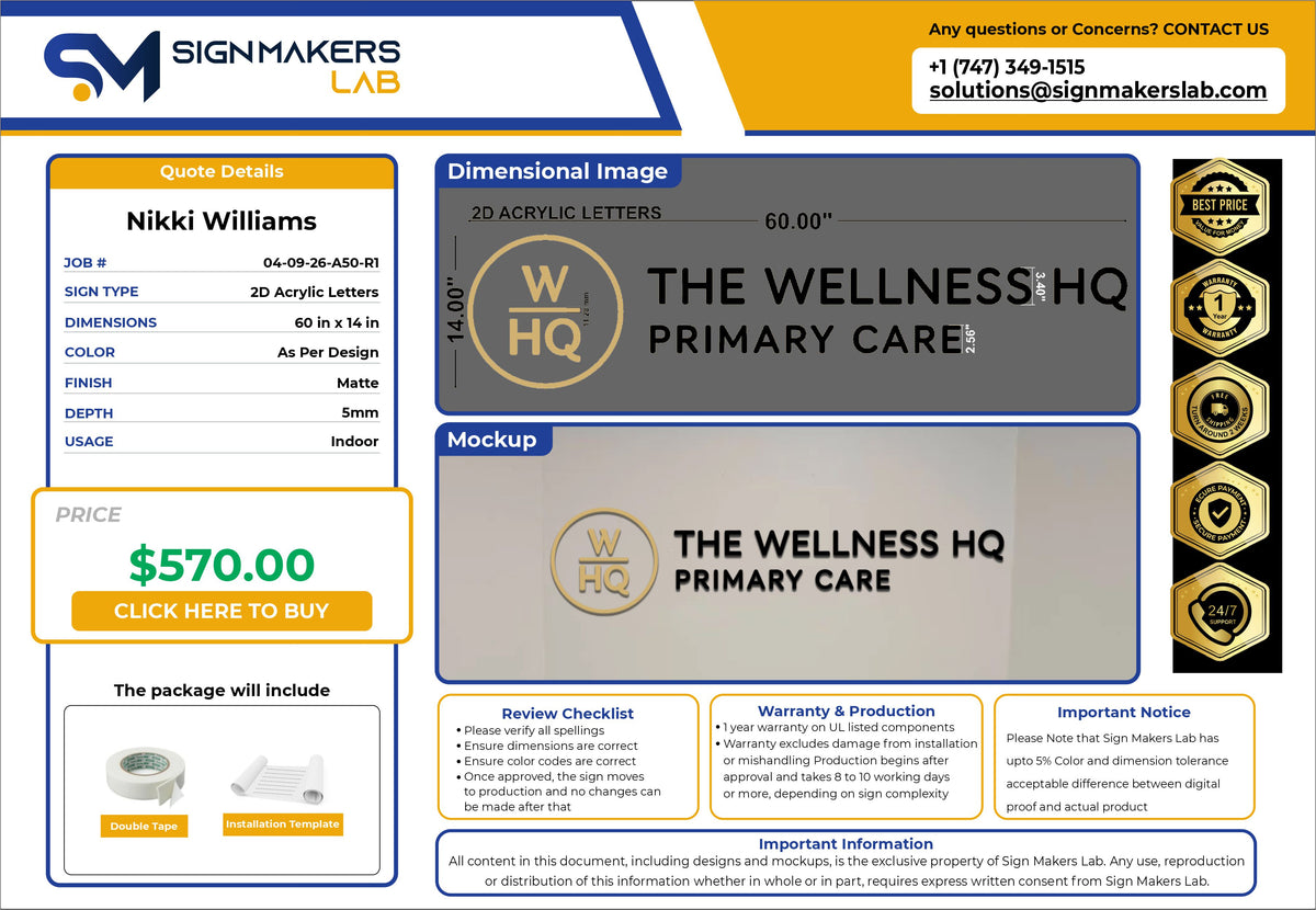 The Wellness HQ Primary Care Acrylic Letter Sign