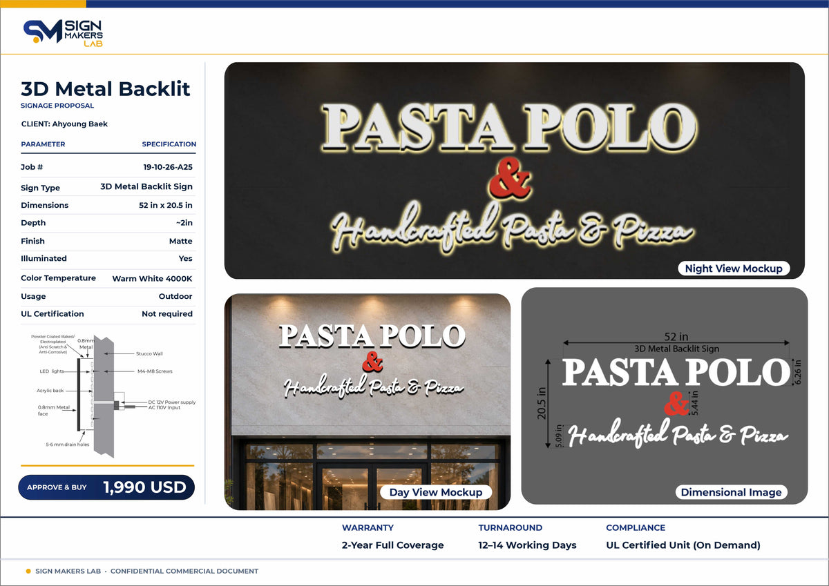 PASTA & POLO Metal Backlit Sign