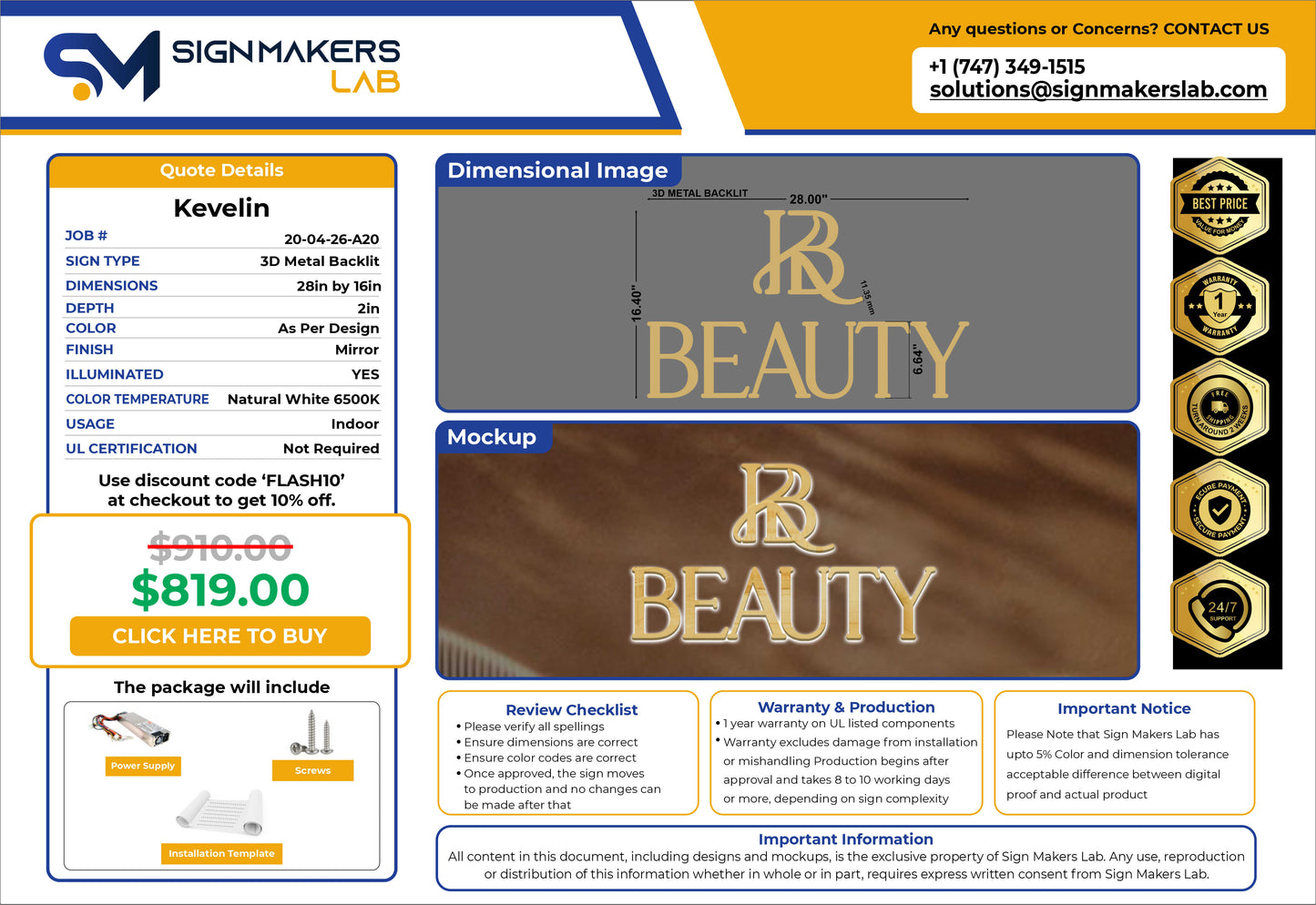Kevelin Beauty LLC 3D Metal Backlit Sign