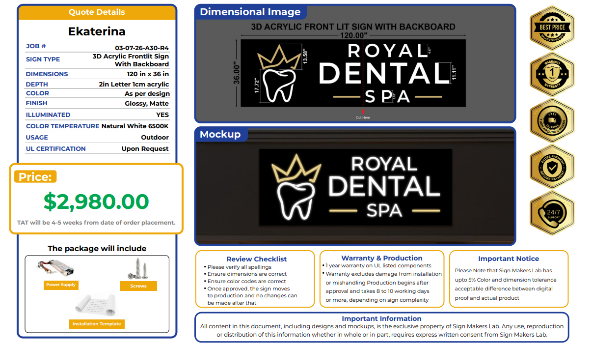 Royal Dental Spa Metal Backlit Sign