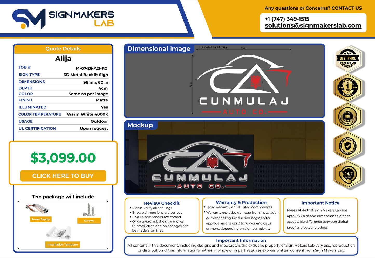 Cunmulaj Auto Co Metal Backlit Sign
