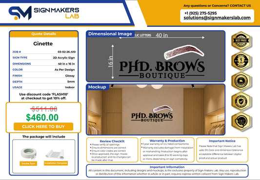 Phd. Brows Boutique 2D Acrylic Letter Sign Signmakerslab