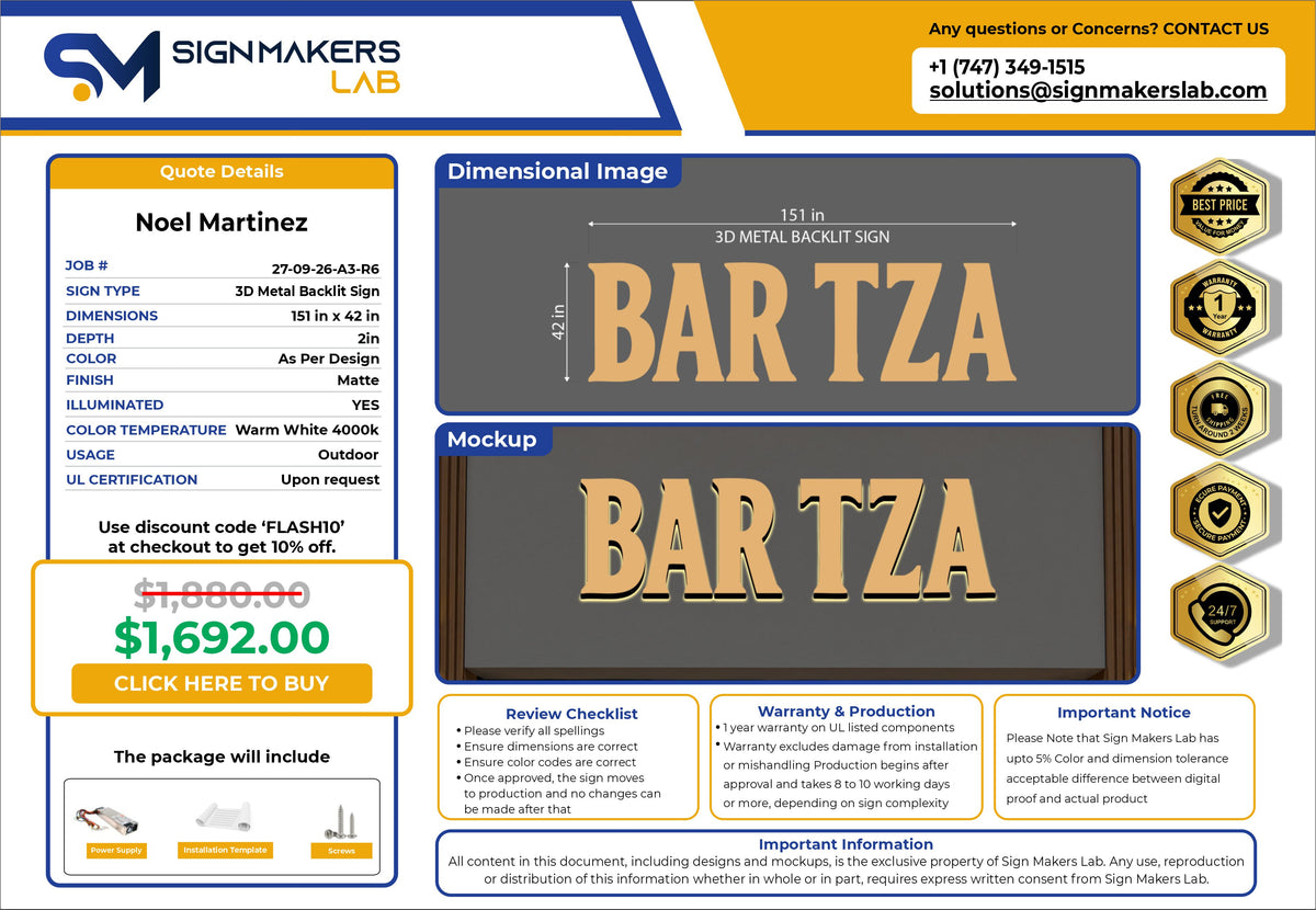 BAR TZA 3D metal backlit sign 42 inches height