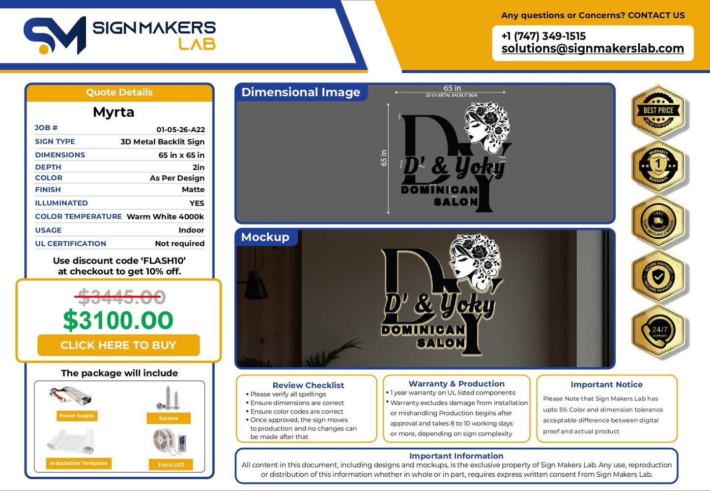3D Metal Back-lit Sign-D’& Yoky Dominican Salon