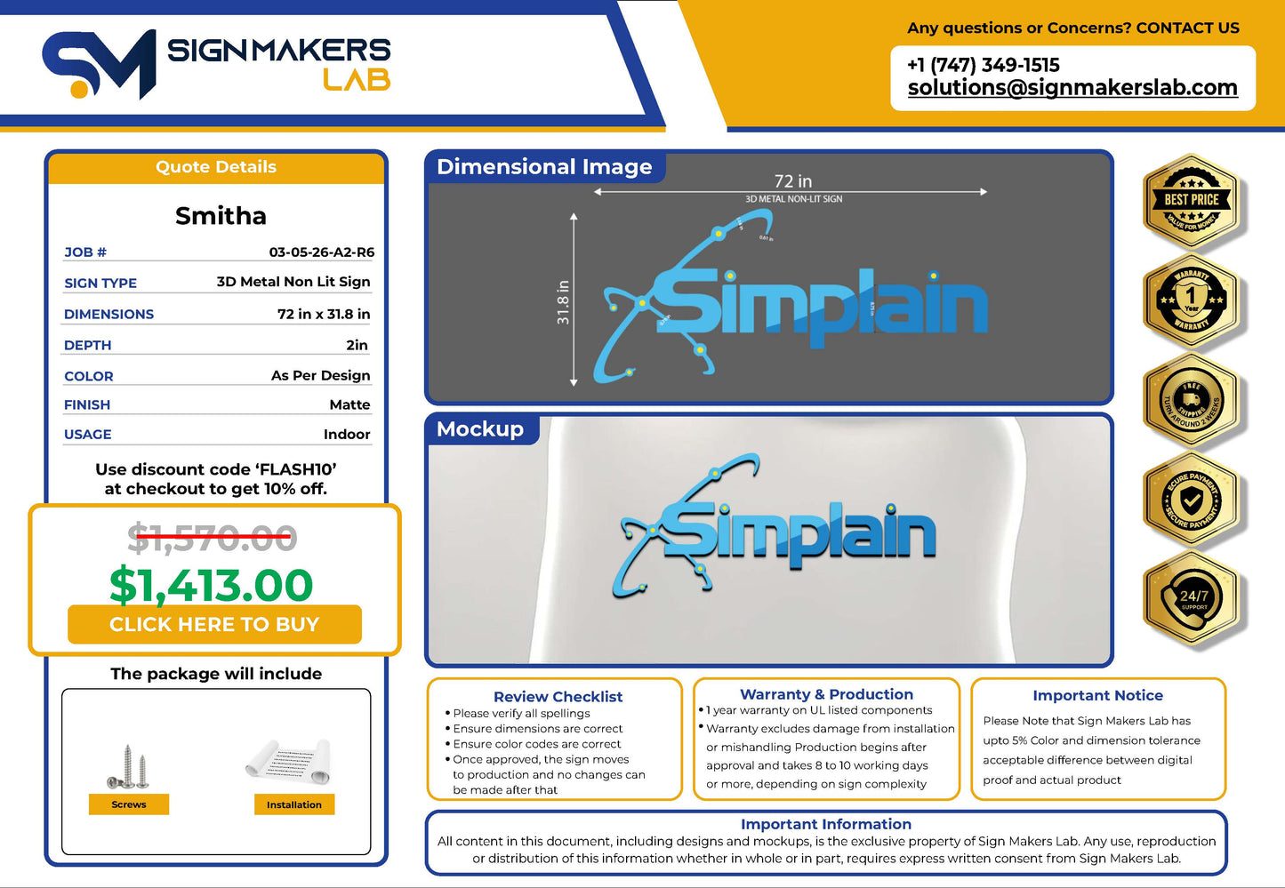 Simplain 3D Metal Non-lit Sign
