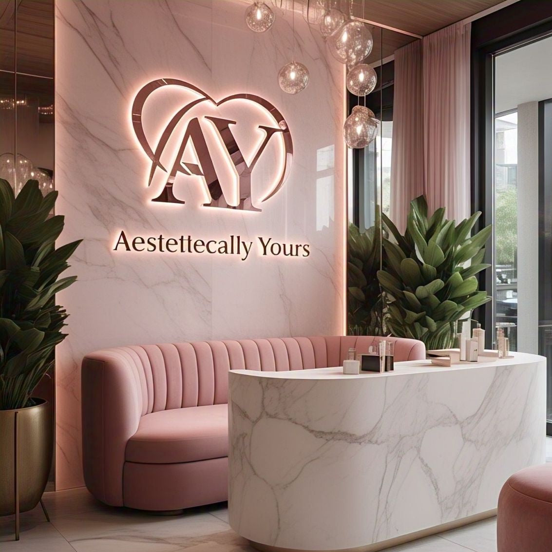 Modern interior with pink sofa, marble desk, and 'Aestettecally Yours' logo on a marble wall.
