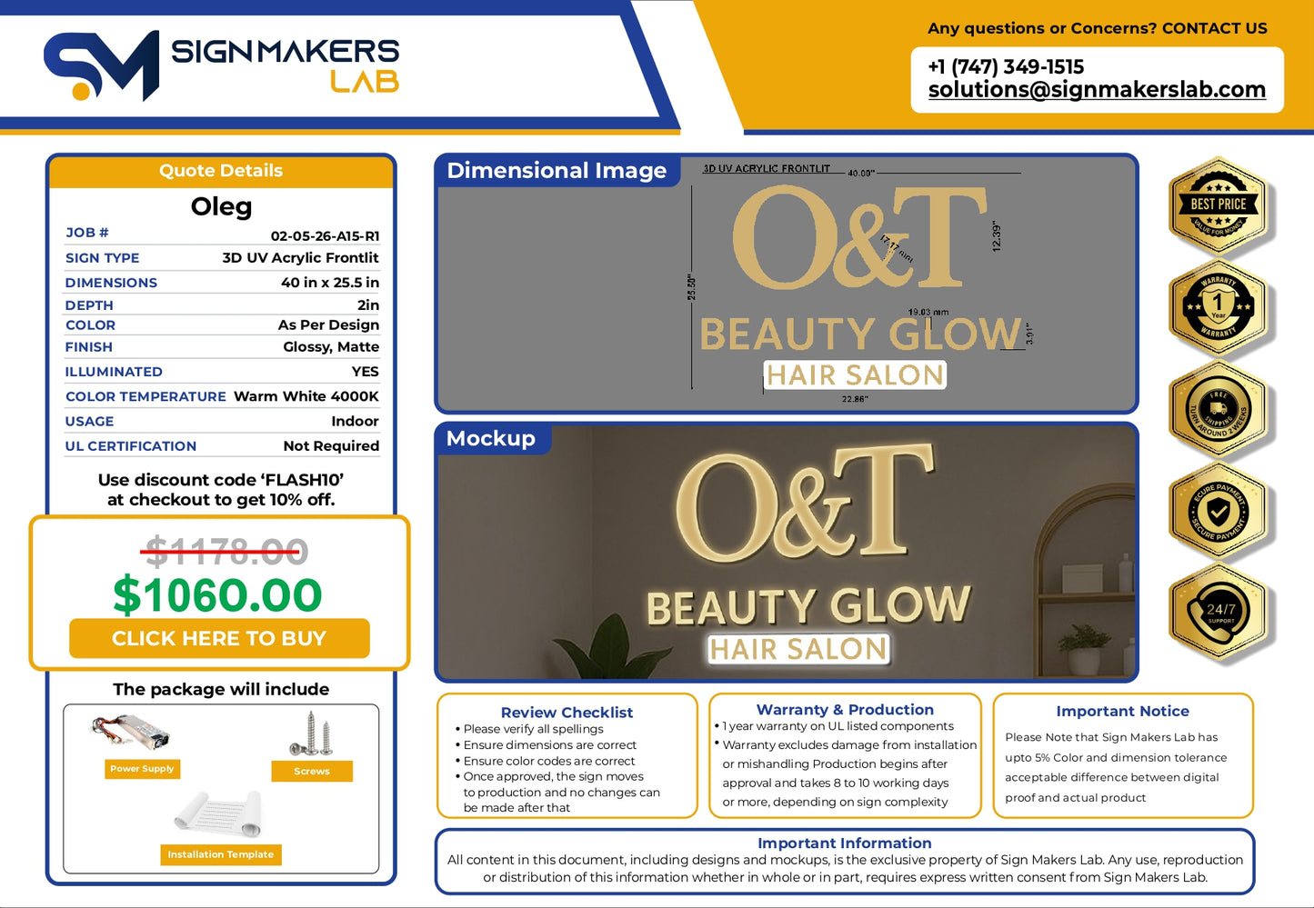 3D Acrylic Front-lit Sign-O&T BEAUTY GLOW - HAIR SALON