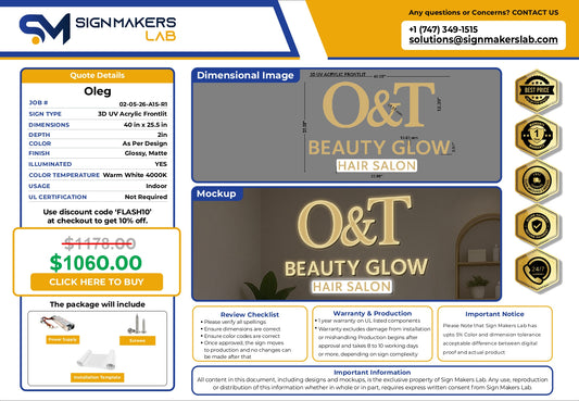 3D Acrylic Front-lit Sign-O&T BEAUTY GLOW - HAIR SALON