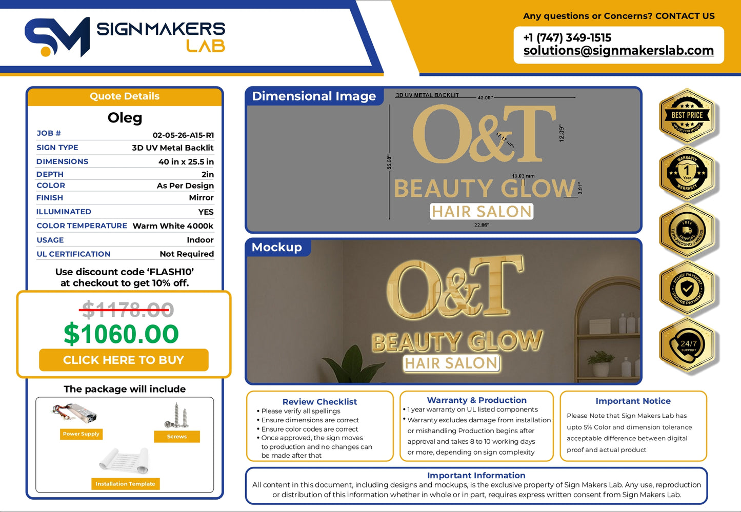 3D UV Metal Back-lit Sign-O&T BEAUTY GLOW - HAIR SALON