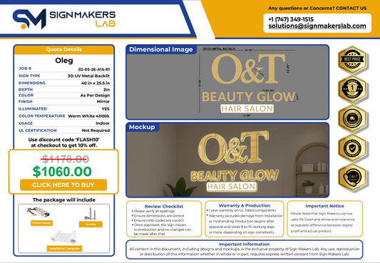 3D UV Metal Back-lit Sign-O&T BEAUTY GLOW - HAIR SALON