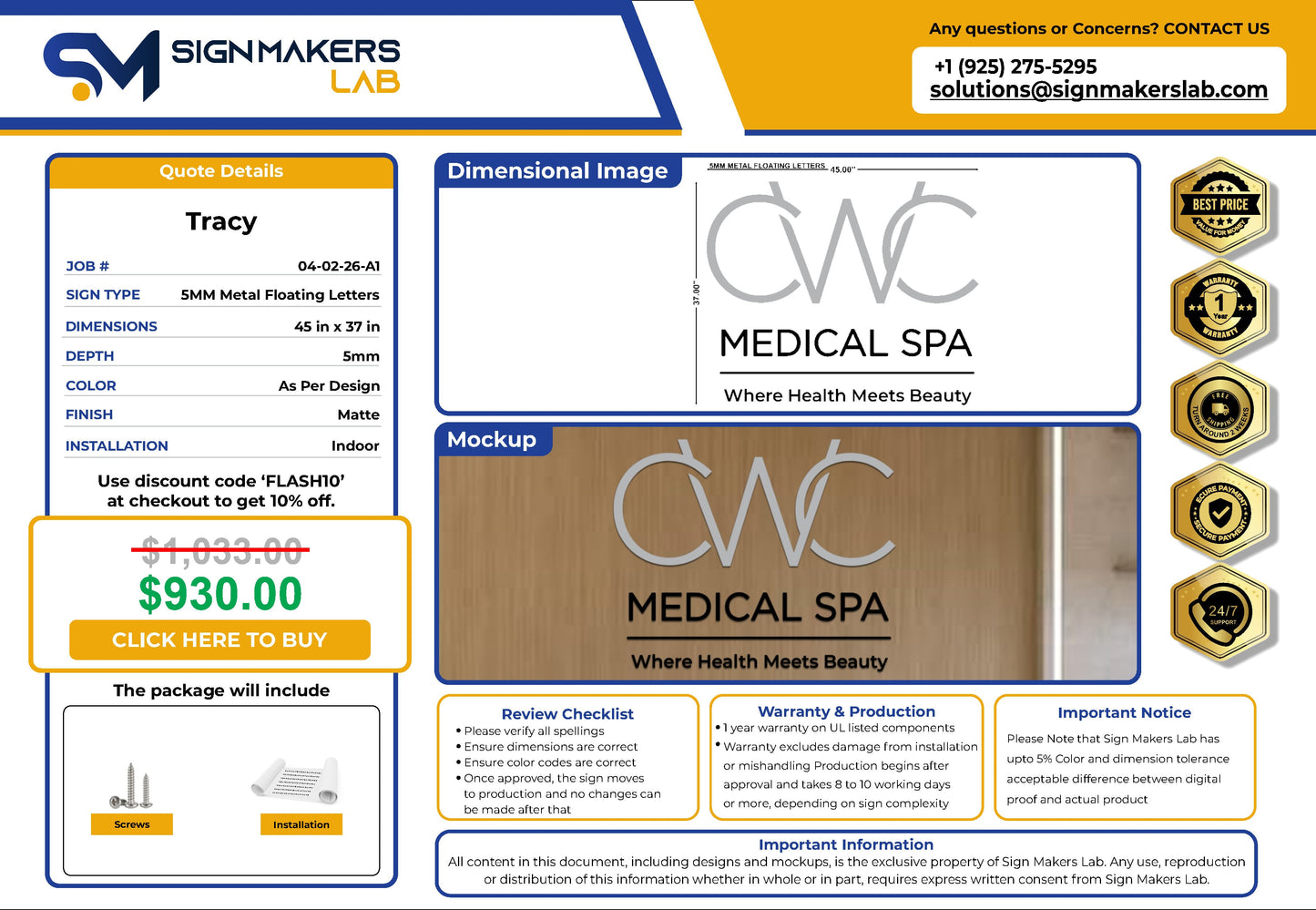 CWC MEDICAL SPA  5mm Metal Floating Letters (2D) Signmakerslab