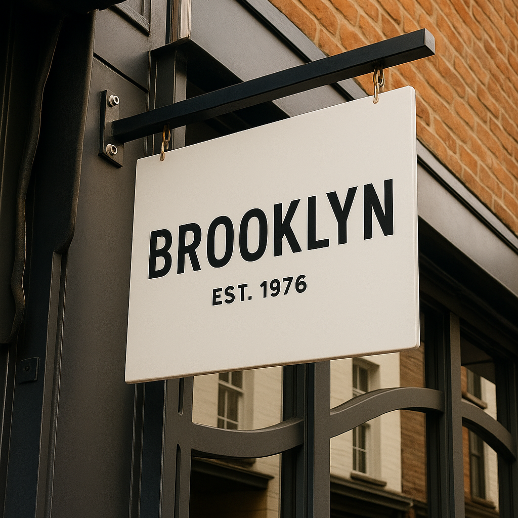 Sign with 'Brooklyn EST. 1976' on a building facade.