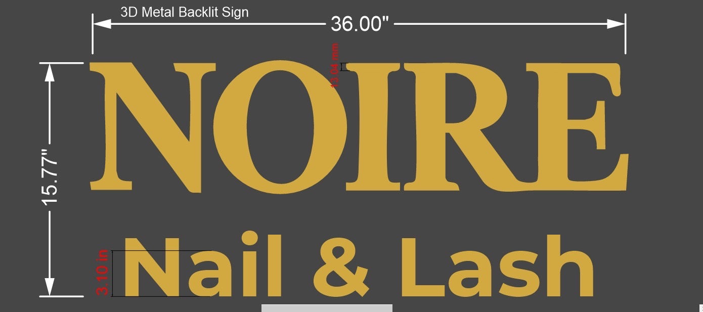 3D metal backlit sign for Noire Nail & Lash