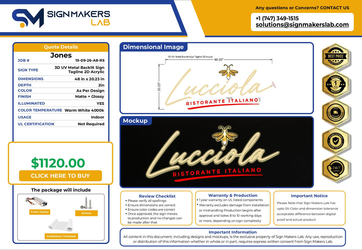 3D UV Metal Back-lit Sign-Lucciola Ristorante Italian0
