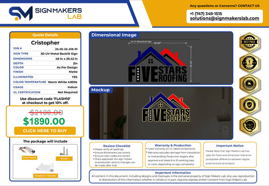 3D UV Metal back-lit Sign-Five Stars Roofing