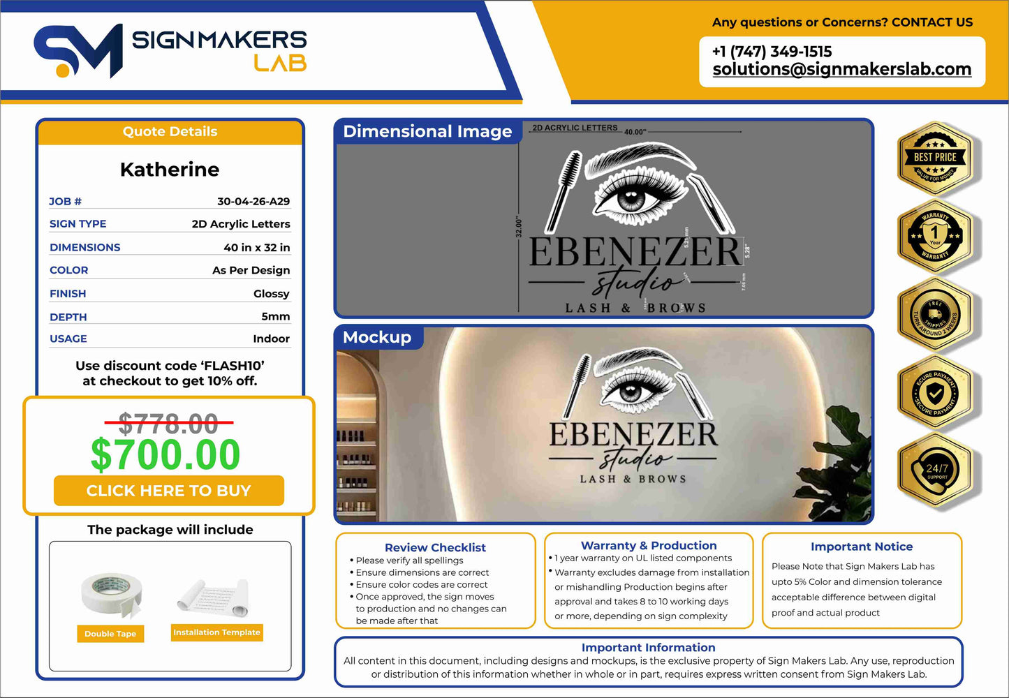 EBENEZER Studio Lash & brows 2D Acrylic Sign