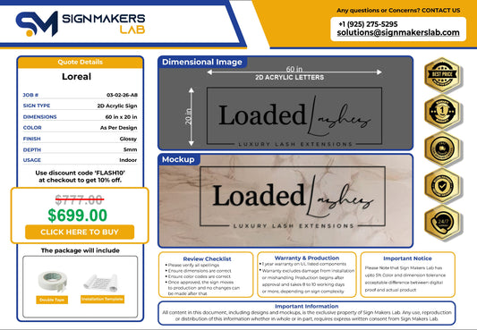 Loaded Lashes 2D Acrylic Letter Sign Signmakerslab