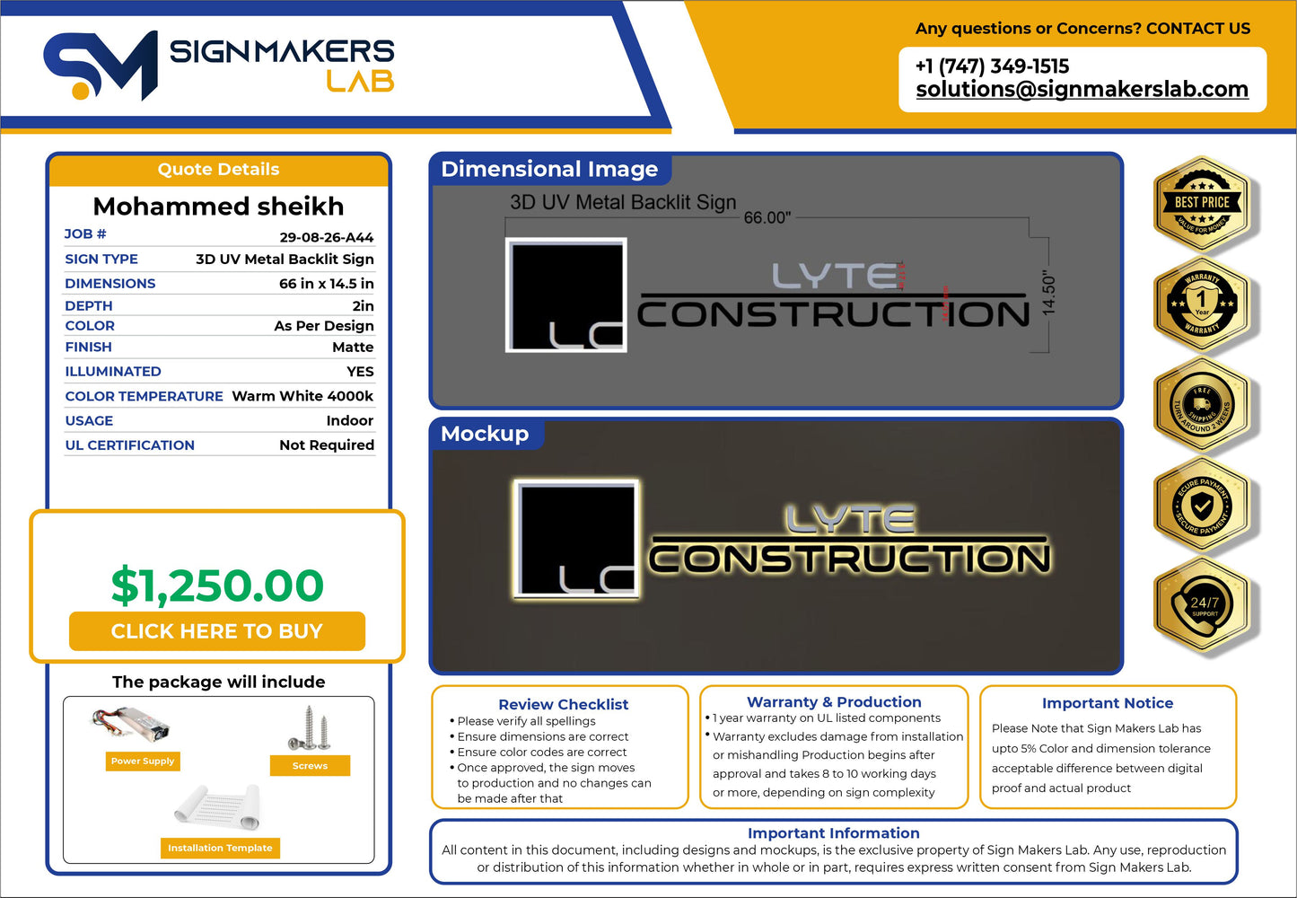 Lyte construction LLC 3D UV Metal Backlit Sign