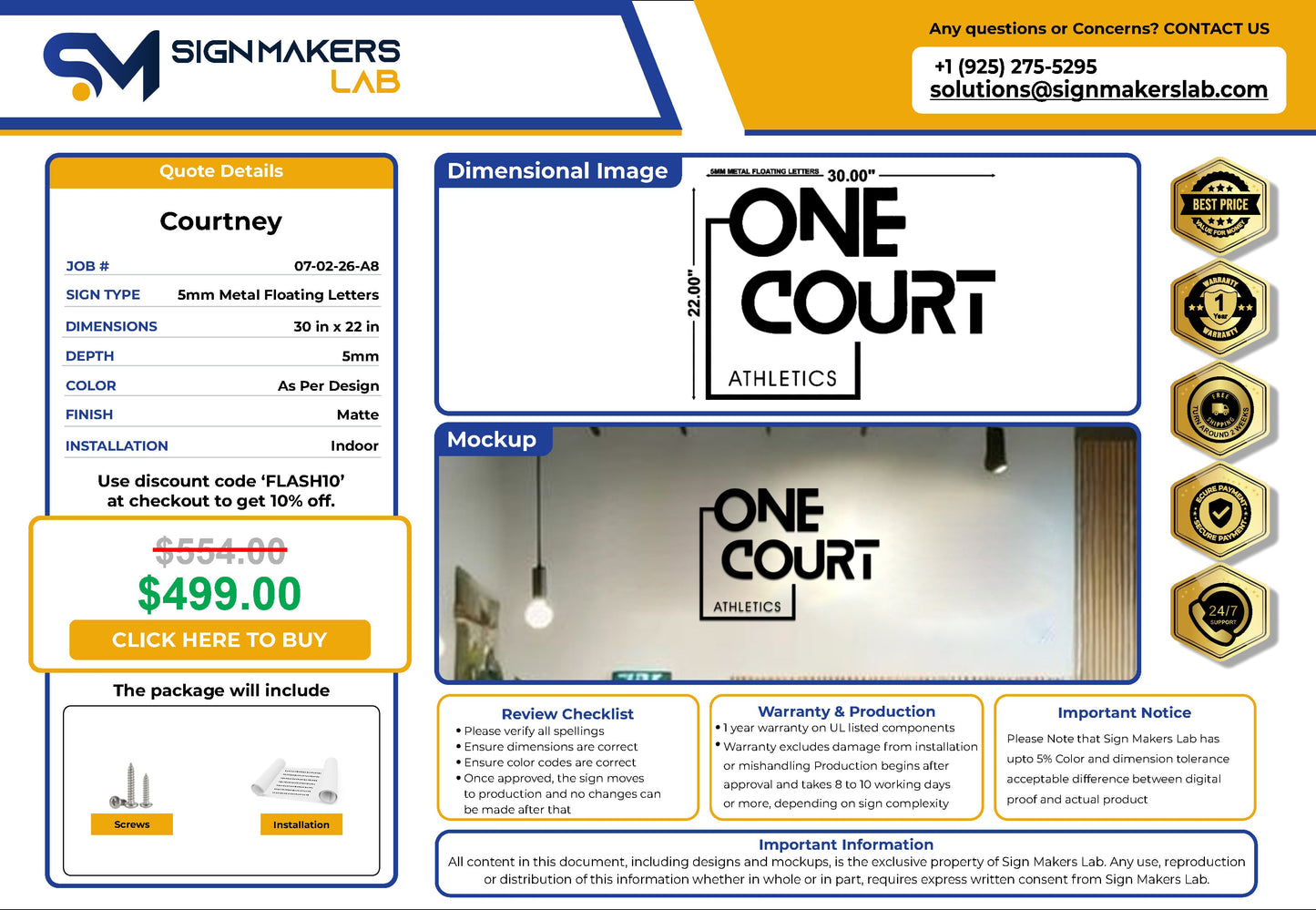 One Court Athletics 5mm Metal Floating Letters (2D) Signmakerslab