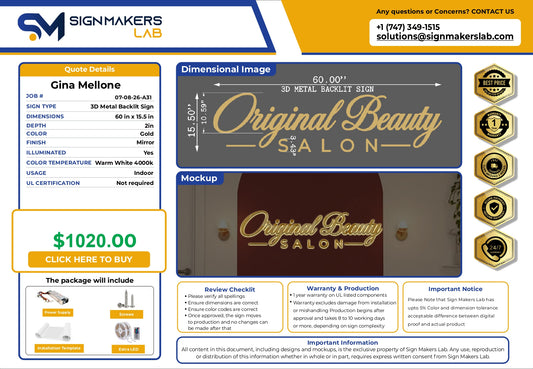 3D Metal Back-lit Sign-Original Beauty Salon