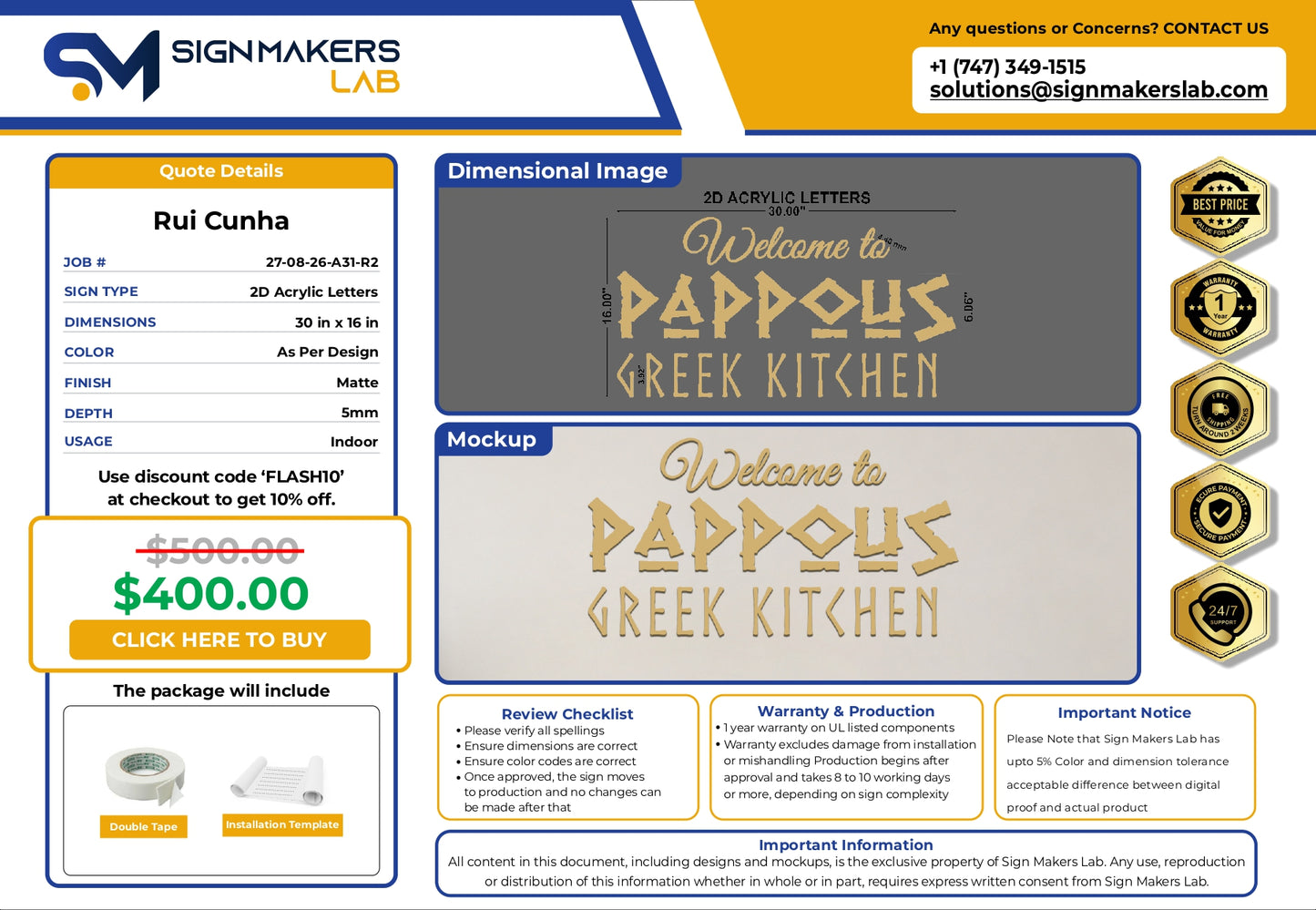 2D Acrylic Letters Sign-Welcome to Pappous Greek Kitchen