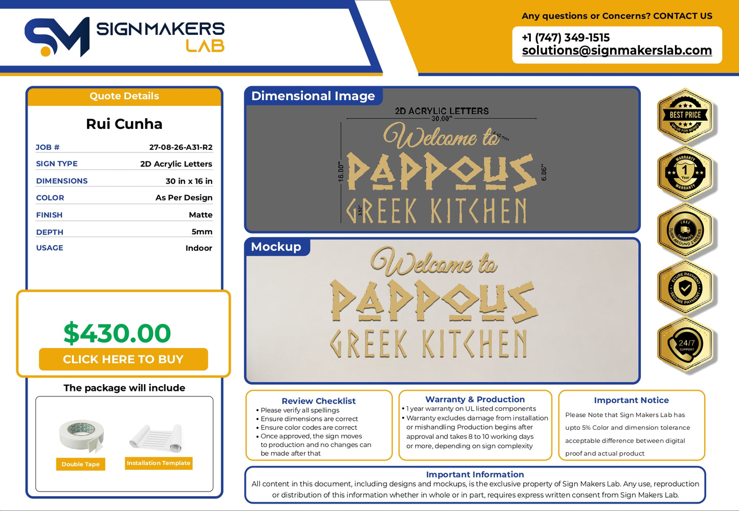 2D Acrylic Letters Sign-Pappous Greek Kitchen