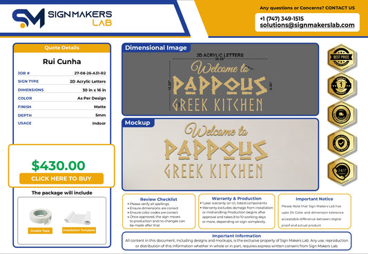 2D Acrylic Letters Sign-Pappous Greek Kitchen