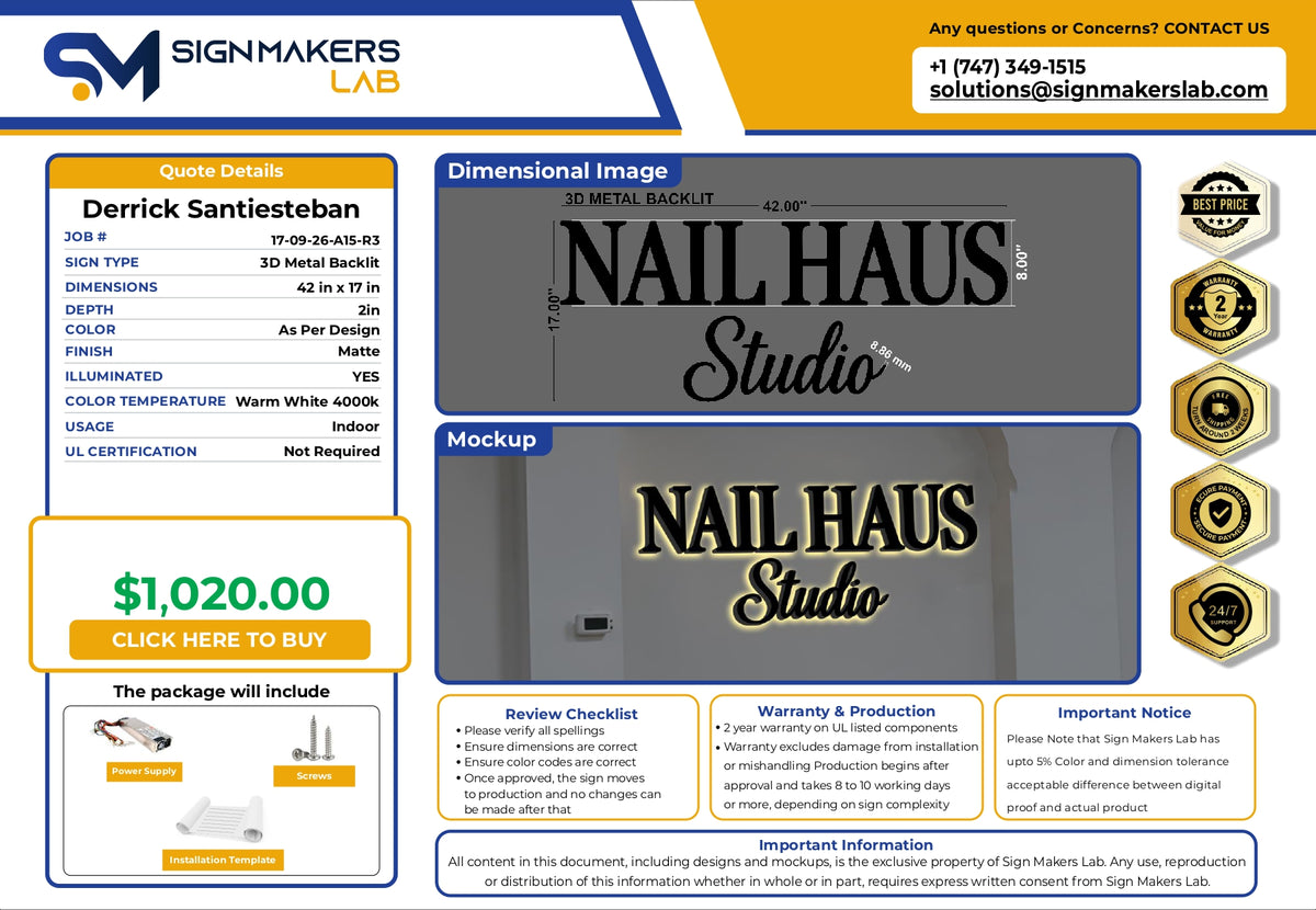 3D Metal back-lit sign- Nail Haus Studio