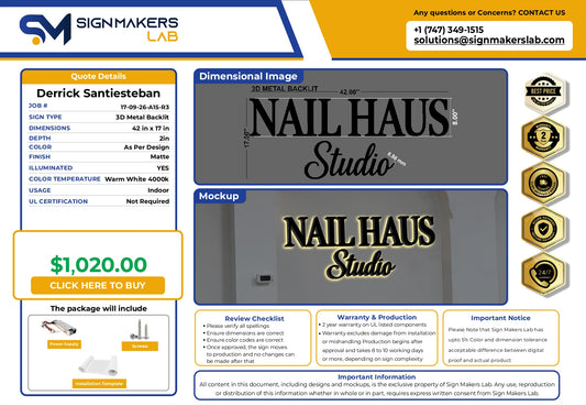 3D Metal back-lit sign- Nail Haus Studio
