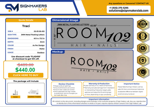 Room 102 Metal Floating Letters (2D)