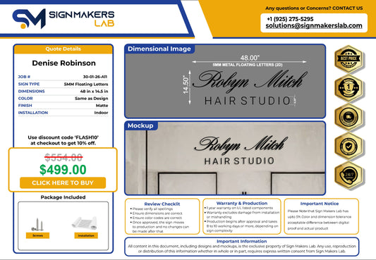 Robyn Mitch Hair Studio 5mm Metal Floating Letters (2D) Signmakerslab