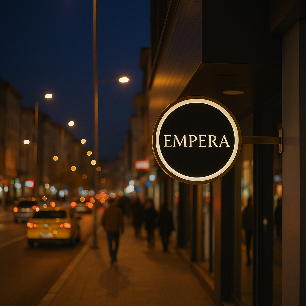 Empera sign on a city street at night with blurred background