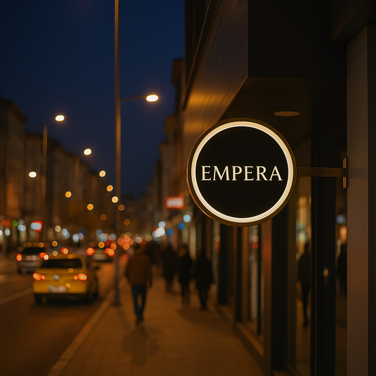 Empera sign on a city street at night with blurred background