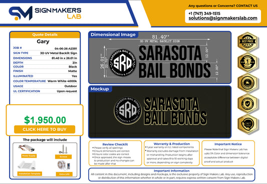 3D Metal Backlit Sign SARASOTA BAIL BONDS