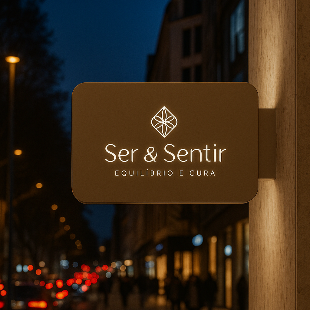 Ser & Sentir sign on a blurred city street at night