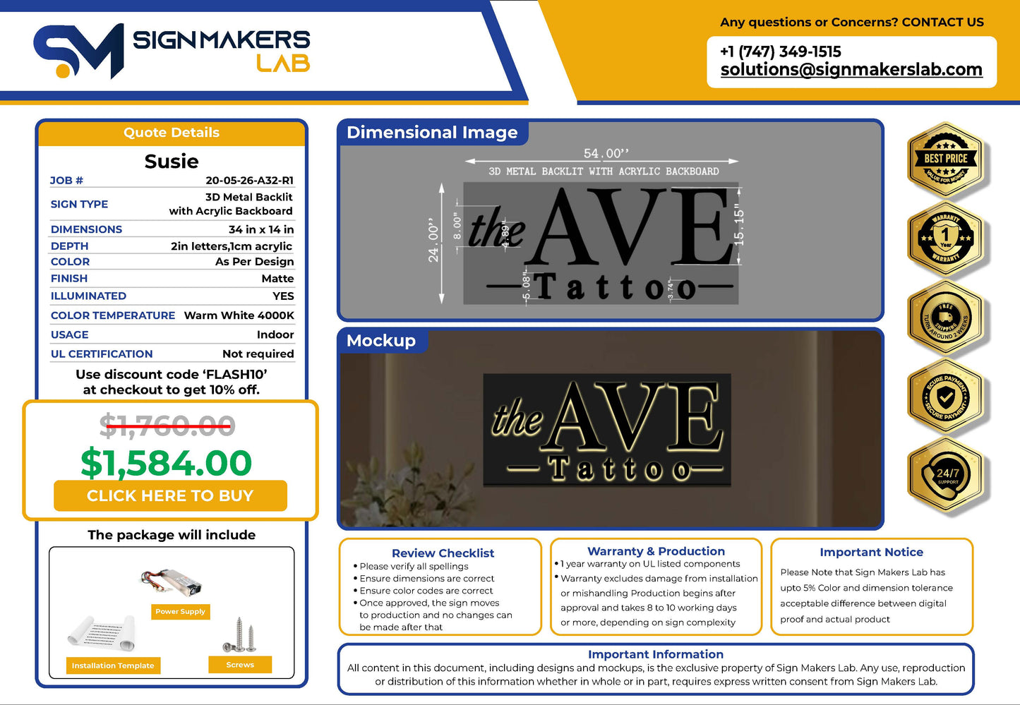The AVE Tattoo 3D Metal Backlit with Frosted Acrylic Backboard