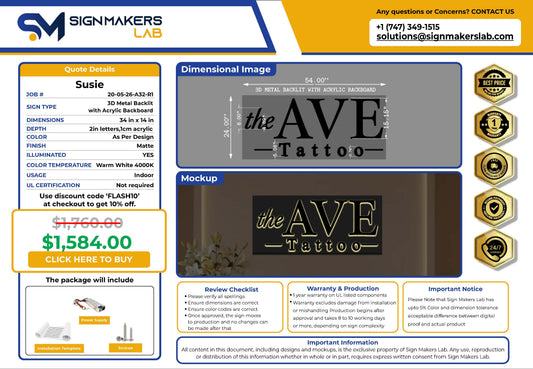 The AVE Tattoo 3D Metal Backlit with Frosted Acrylic Backboard