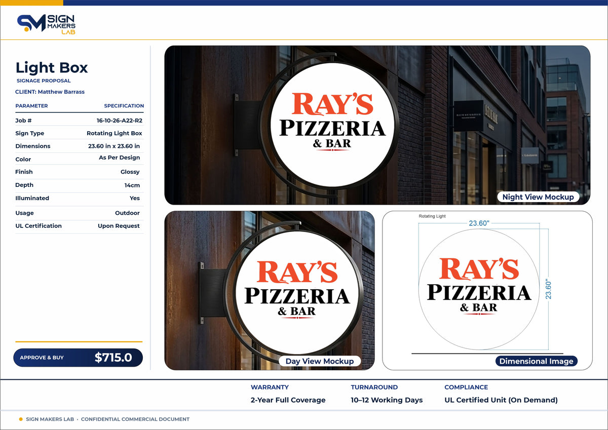 Ray's Pizzeria & Bar Rotating lightbox sign 23.6 inches