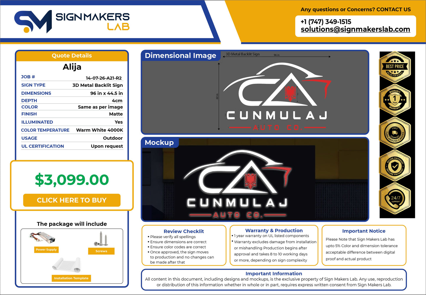 Cunmulaj Auto Co Metal Backlit Sign