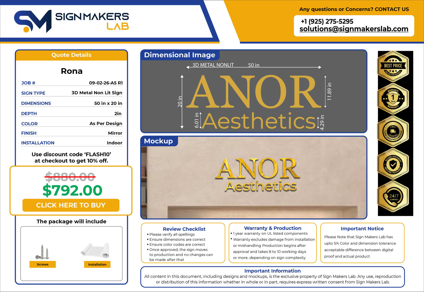 ANOR Aesthetics 3D Metal Non-lit Sign Signmakerslab