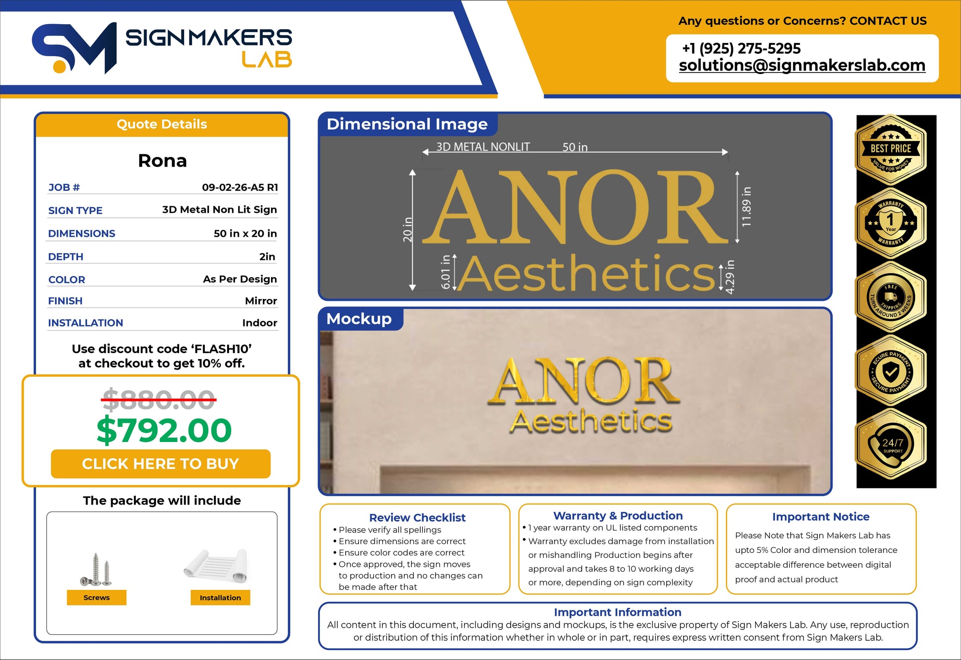 ANOR Aesthetics 3D Metal Non-lit Sign Signmakerslab