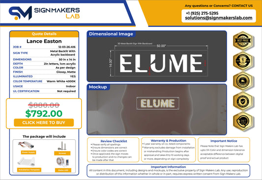 ELUME 3D Metal Backlit With Backboard Sign
