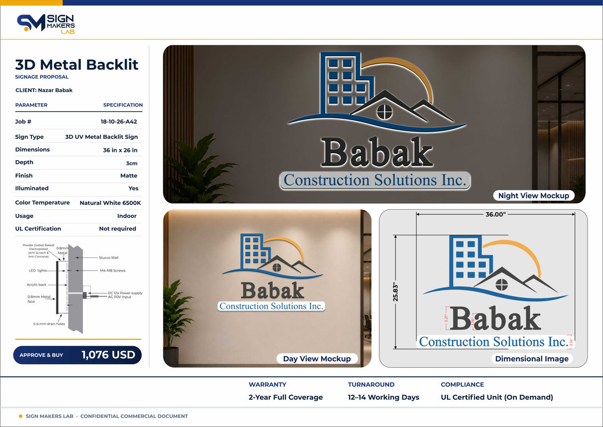 Babak Construction Solutions Inc. metal Backlit Sign